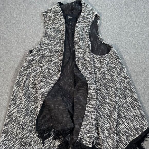 Jessica Simpson Fringe Sweater Vest Women's Medium Boho Black White Sleeveless - Picture 2 of 7